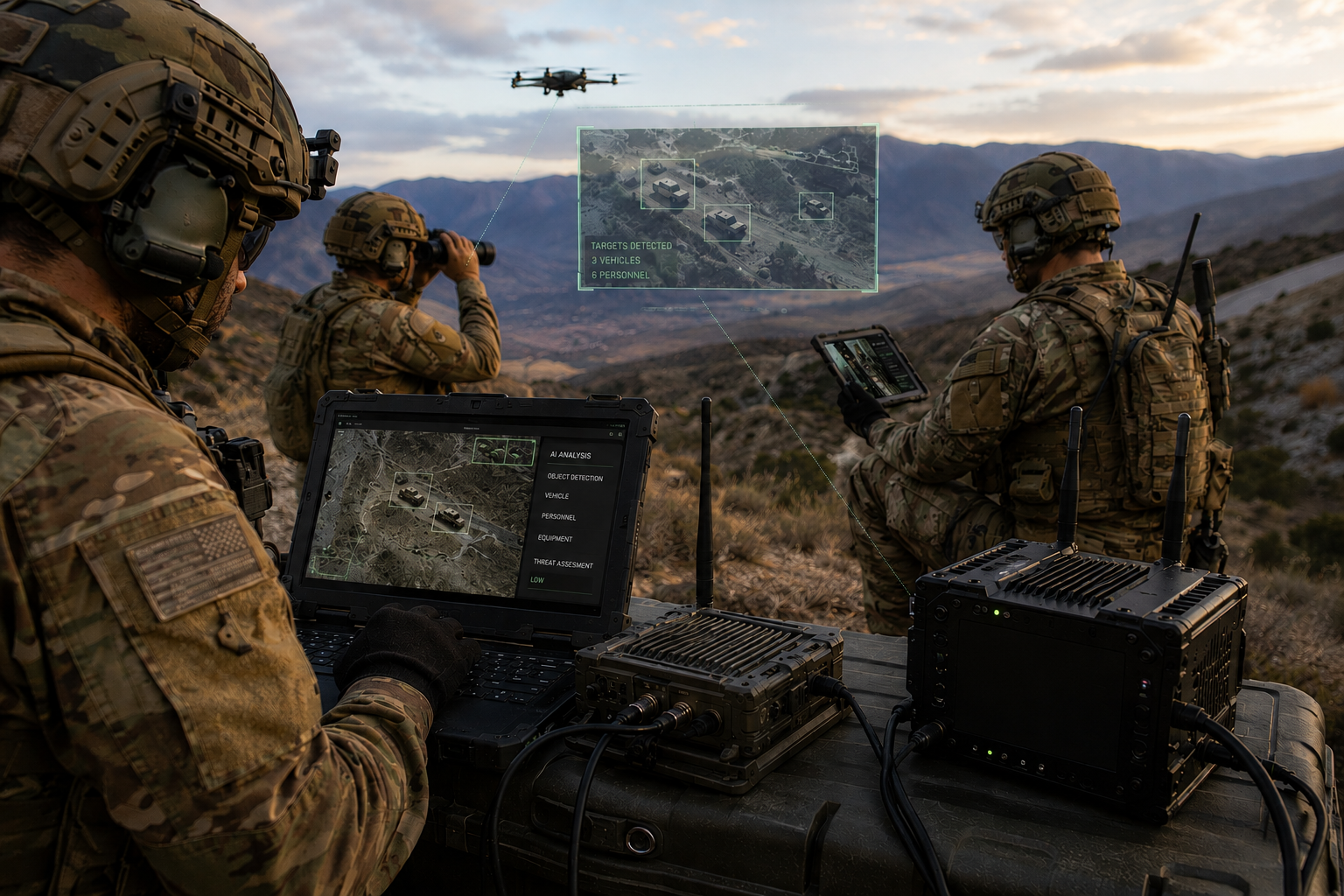 AI image showing three soldiers in tactical gear using laptops and tablets to control and monitor a drone flying over a mountainous terrain at sunset. Screens display maps with marked targets and data, highlighting real-time reconnaissance and edge AI systems in a military operation.