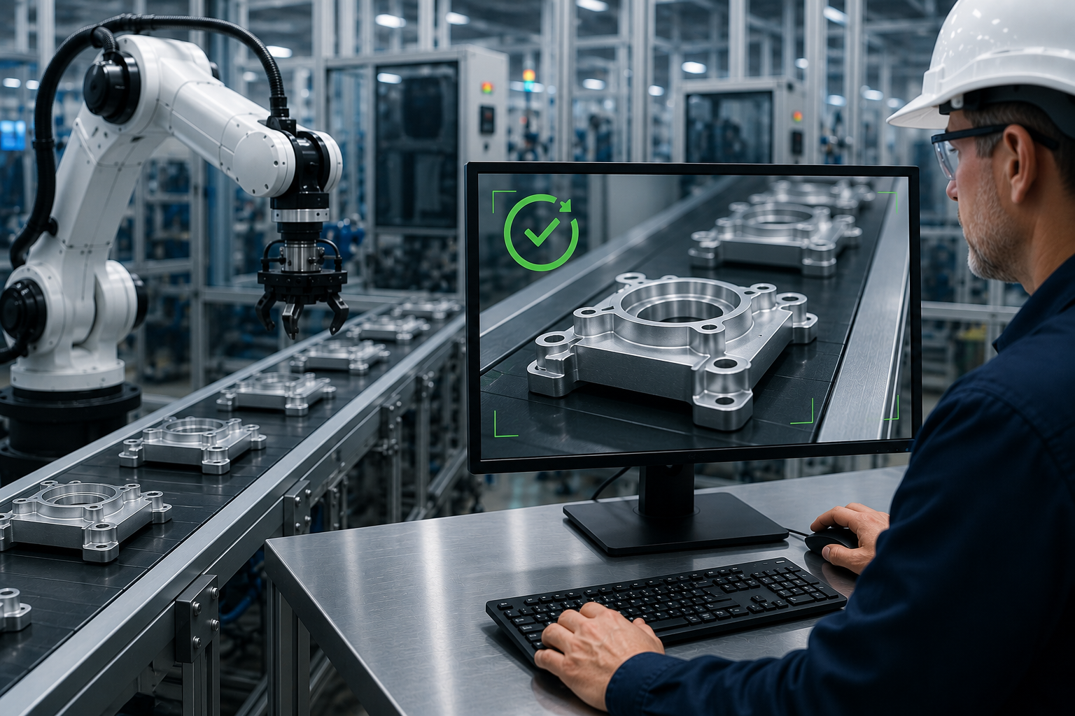 Image showing a factory setting with a robotic arm inspecting metal parts on a conveyor belt, while a worker monitors quality control on a computer screen displaying a close-up of a part with a green checkmark. The scene highlights automation and precision in manufacturing processes, emphasizing integration of robotics and digital inspection systems.