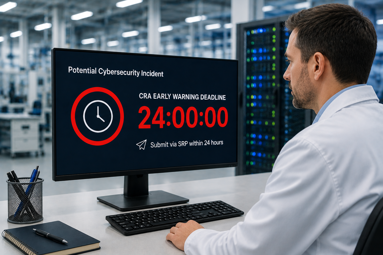 AI image of a man in a lab coat sitting at a desk and viewing a computer screen displaying a cybersecurity alert. Screen shows a red clock icon and a bold red countdown timer set to 24:00:00, indicating a CRA early warning deadline with instructions to submit via SRP within 24 hours.