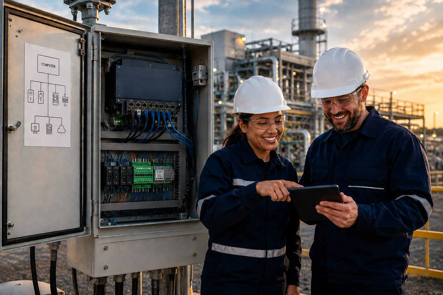 Photograph showing two industrial workers wearing white hard hats and protective blue clothing, examining a tablet near an open and organized electrical control panel with very few wiring and circuit components at an industrial plant with metal structures and pipes during sunset.