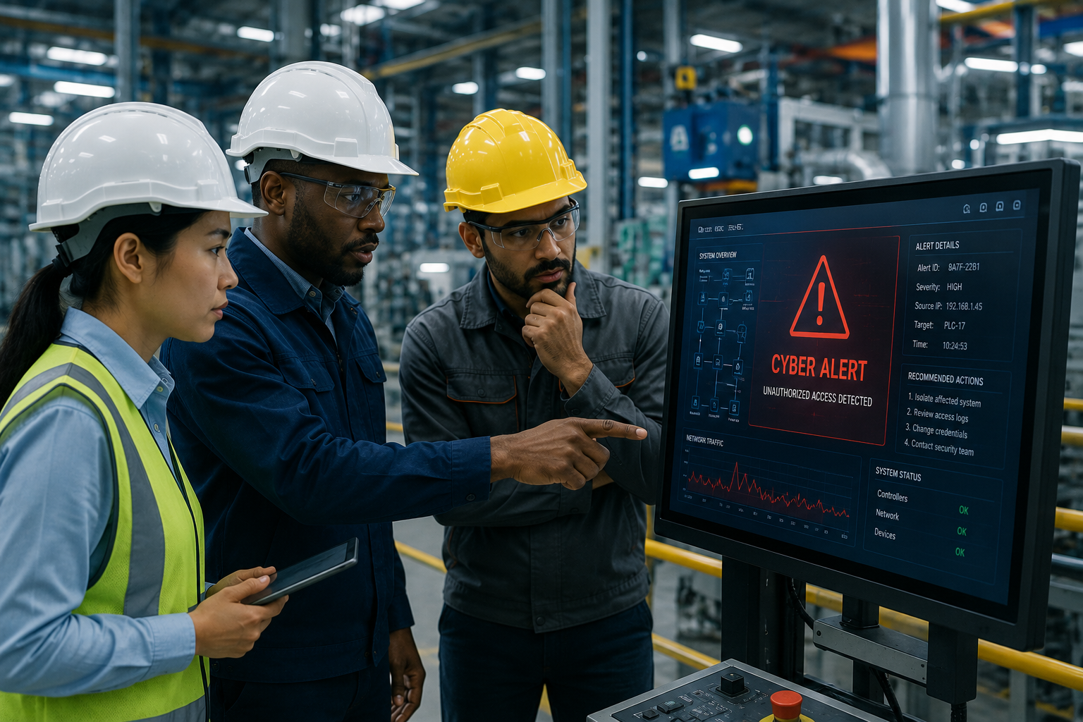 Workers wearing hard hats standing in an industrial environment in front of a large computer screen displaying a Cyber Alert.