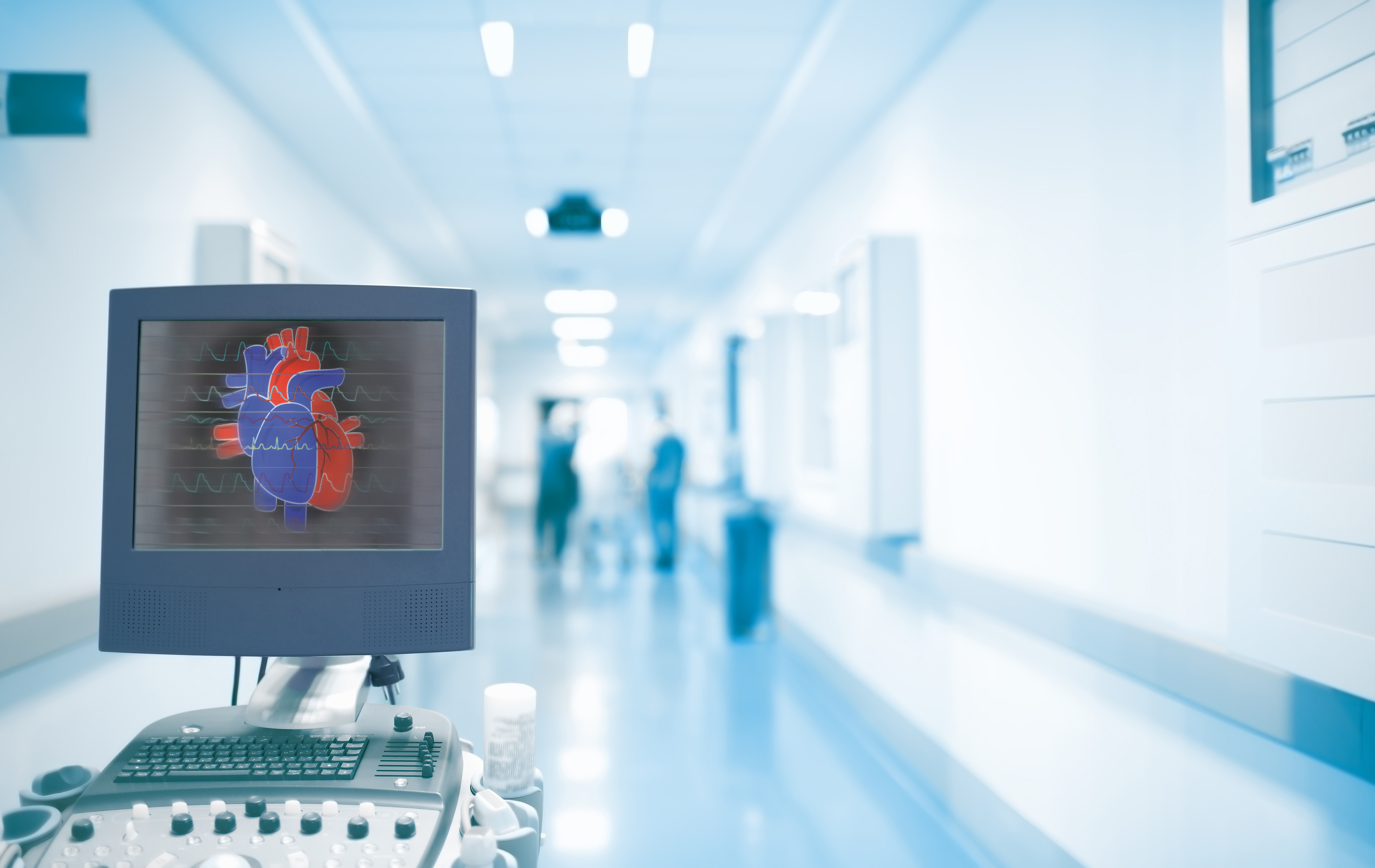Computer monitor with a heart image on the display screen in a hospital.