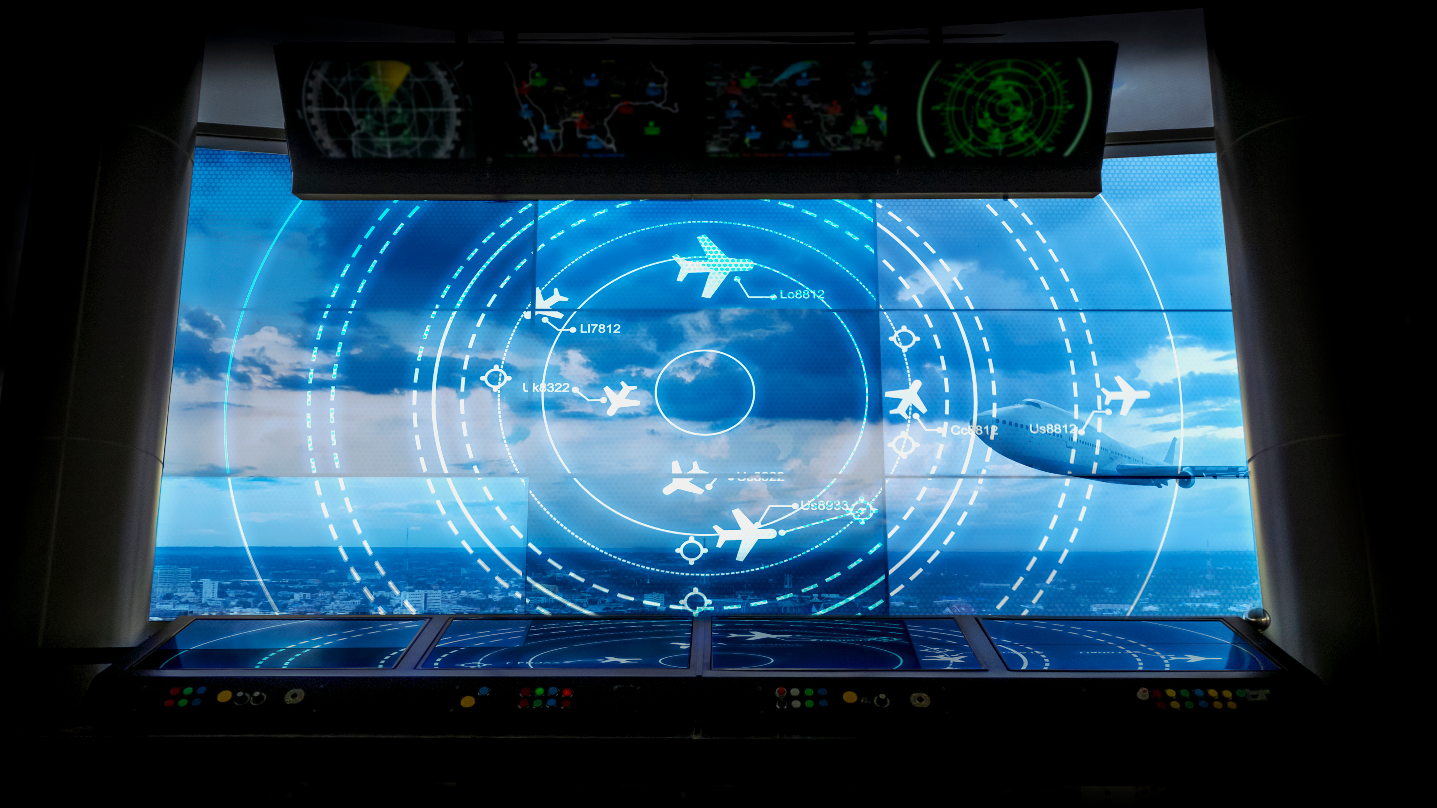 Image of radar screen in a cockpit with a plane approaching from another direction.