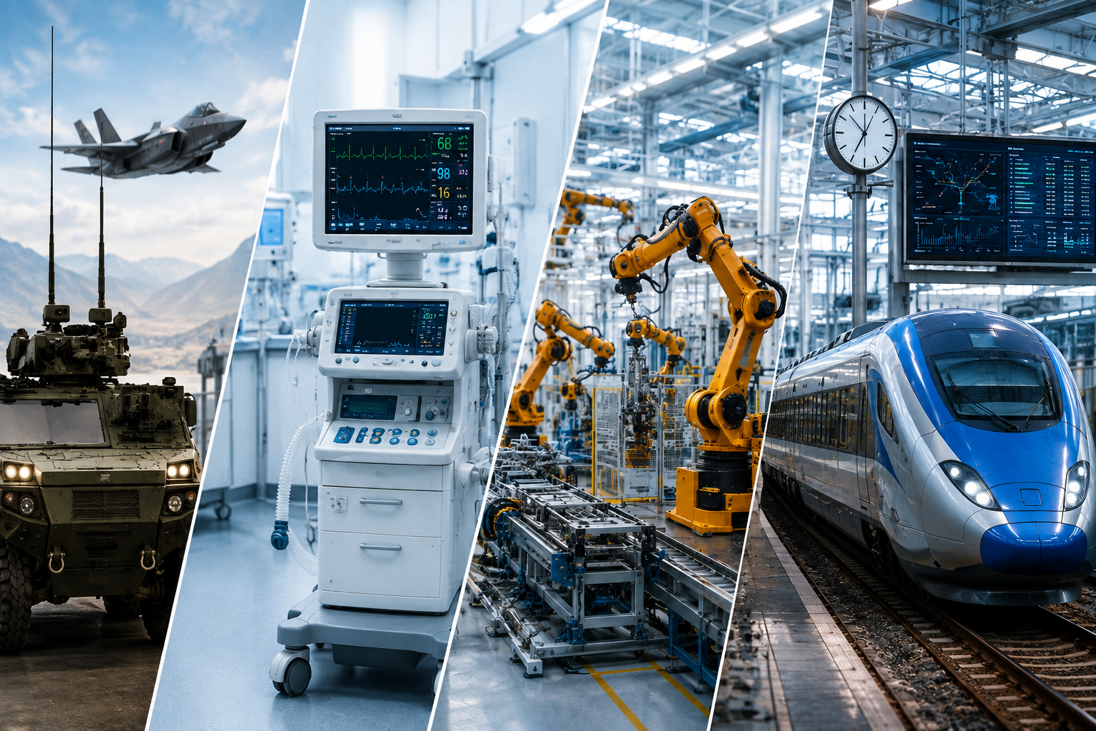 AI image collage showcasing four sectors: military with armored vehicle and fighter jet, healthcare featuring medical monitors, manufacturing with robotic arms on assembly line, and transportation displaying a high-speed train at station. Each section highlights advanced technology and innovation, with distinct environments and equipment emphasizing industry-specific progress and automation.