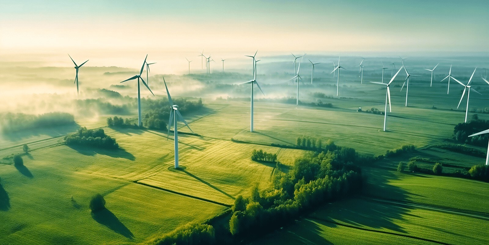 Dozens of tall, white, 3-blade wind turbines in green field with sun rising.