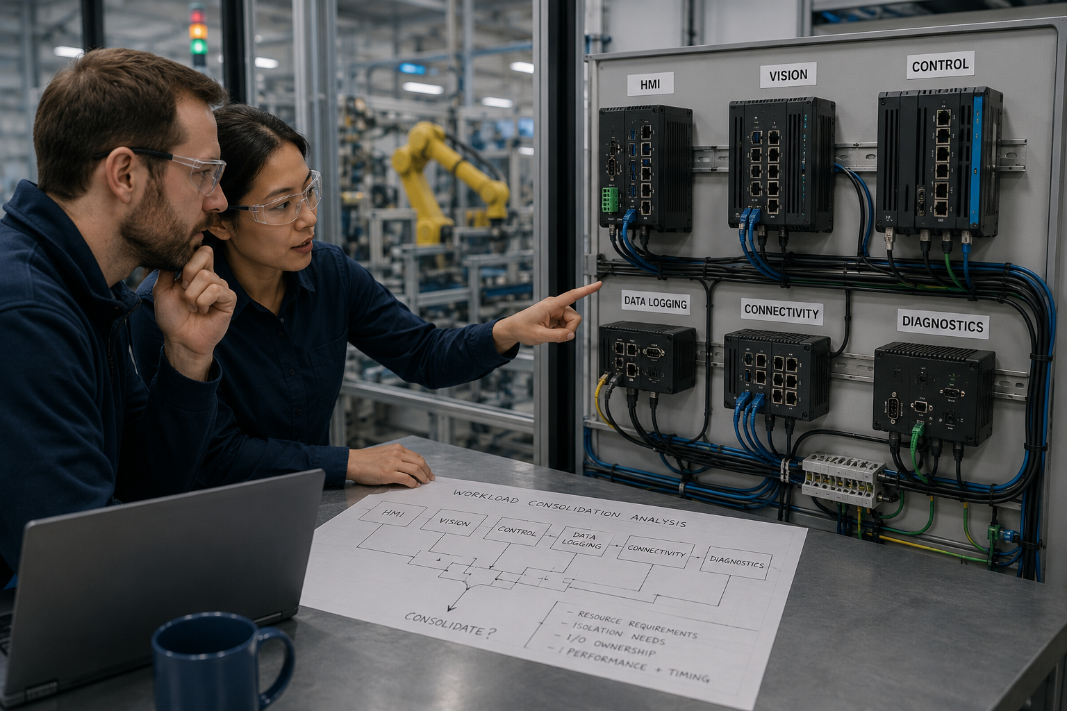 Image of two engineers analyzing an industrial control panel with labeled modules including HMI, Vision, Control, Data Logging, Connectivity, and Diagnostics in a factory setting. The woman points to the panel while the man reviews a workflow diagram on the table, indicating a focus on system integration and process optimization.