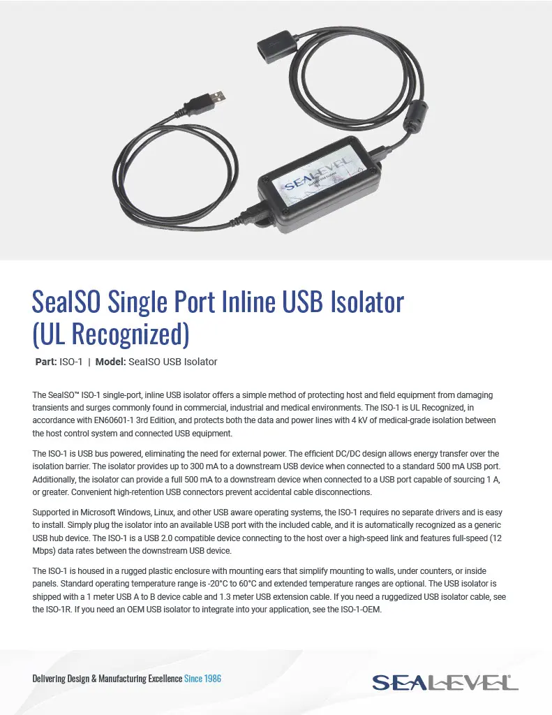 Sealevel SealSO USB Isolator Datasheet