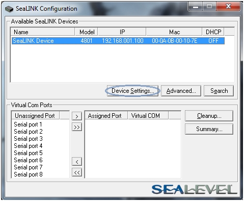 SeaLINK Config Device Settings