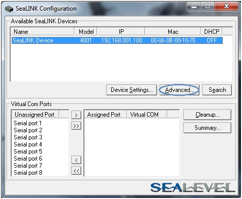 SeaLINK Config Advanced Button