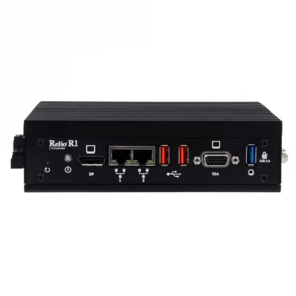 Relio R1 SeaI/O Server w/ Reset, Power Pushbutton, DisplayPort 1.1, Dual Gigabit Ethernet, Two USB 2.0, VGA & USB 3.0 Connectors (Front View)