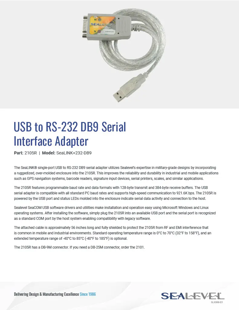 Sealevel USB to RS-232 Serial Adapter Datasheet