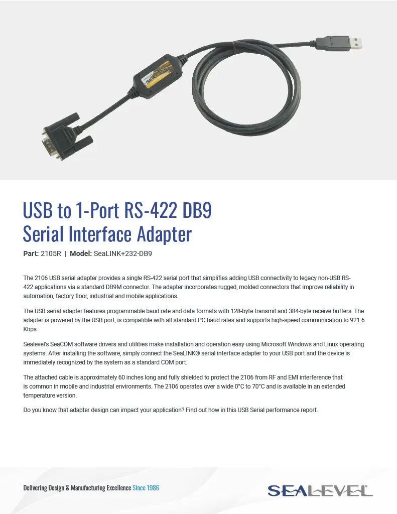 Sealevel USB to 1-port RS-422 Serial adapter datasheet