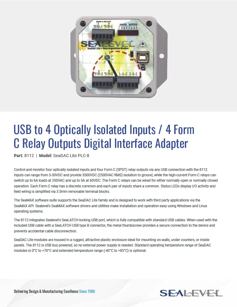 Sealevel USB to 4 Optically isolated Inputs datasheet