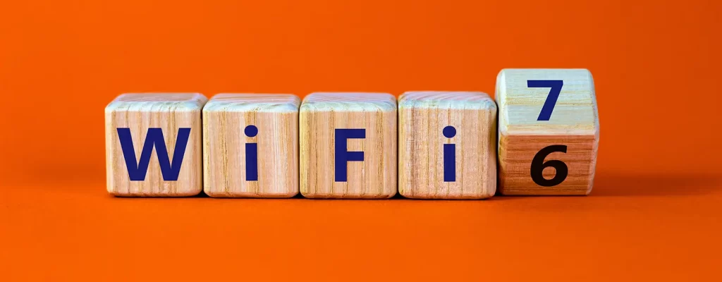 Wooden blocks with letters spelling out WiFi7