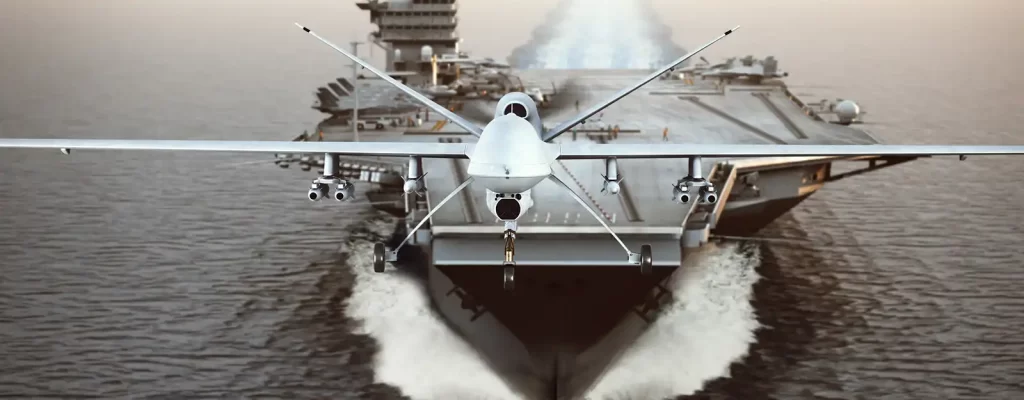 A drone taking off from an aircraft carrier