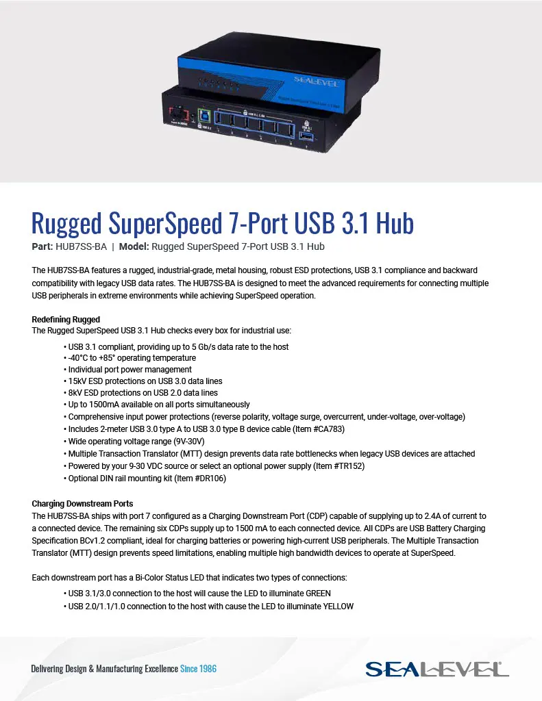 Sealevel Rugged SuperSpeed 7-Port USB 3.1 Hub Datasheet