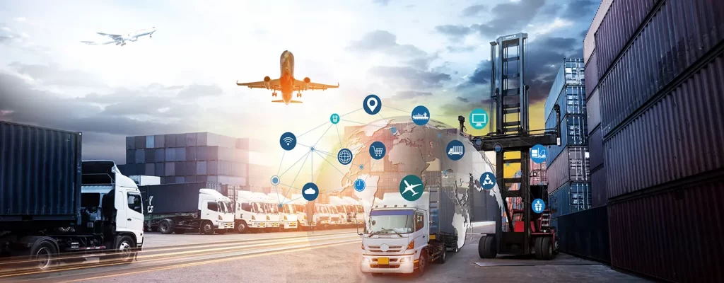 A composite image showing a row of trucks with airplanes flying overhead with an overlay showing IoT connections