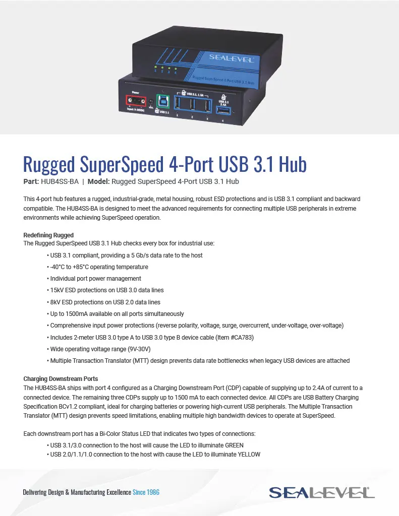 Sealevel Rugged SuperSpeed 4-Port USB 3.1 Hub datasheet