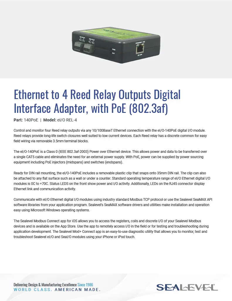 Sealevel Ethernet to 4 Reed Relay Outputs Datasheet