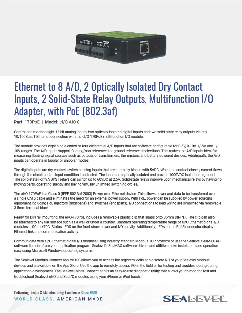 Sealevel Ethernet to 8a/d 170PoE Datasheet