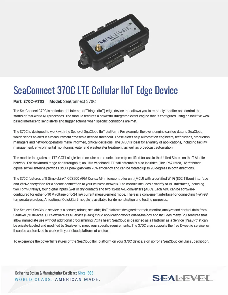 Sealevel SeaConnect 370C LTE Cellular datasheet