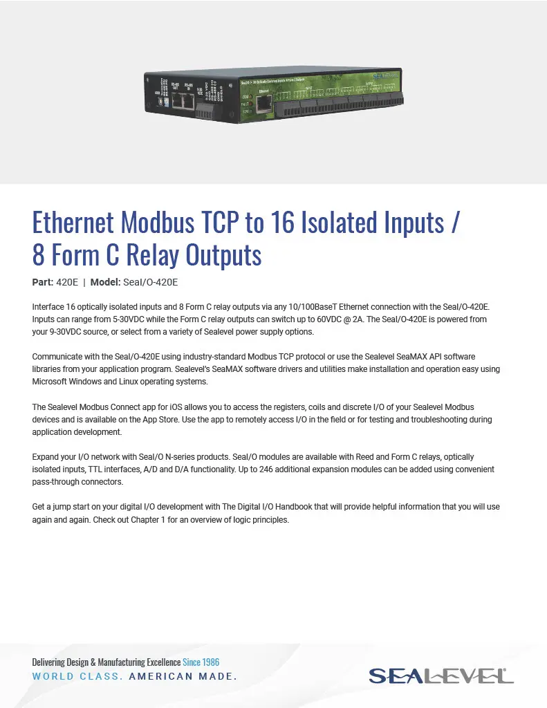 Sealevel Ethernet Modbus TCP datasheet