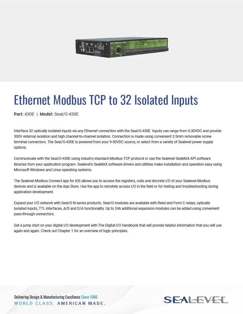 Sealevel Ethernet Modbus TCP to 32 Isolated inputs datasheet